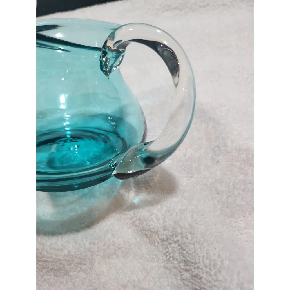 Vintage~MCM~Blue~Pitcher-Squatty~Flat Bottom~Clear Handle~ Squared Top~Beautiful
